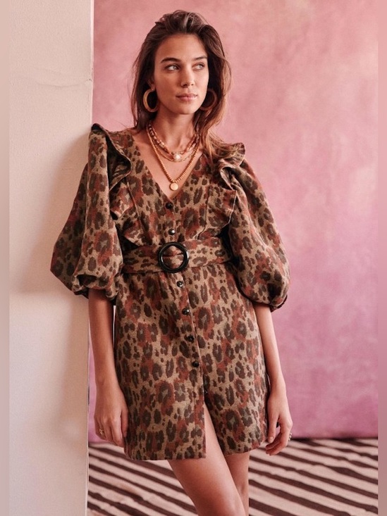 Sezane Dresses & Skirts - Sezane Lia Dress Jacquard Leopard Bordeaux Belted Mini Ruffle FR 34 US 2
